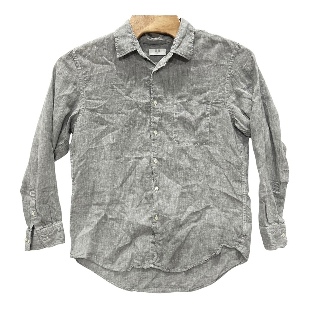 Uniqlo Premium Linen Shirt Mens XXL Grey Long Sleeve Button Down Beach Cruise
